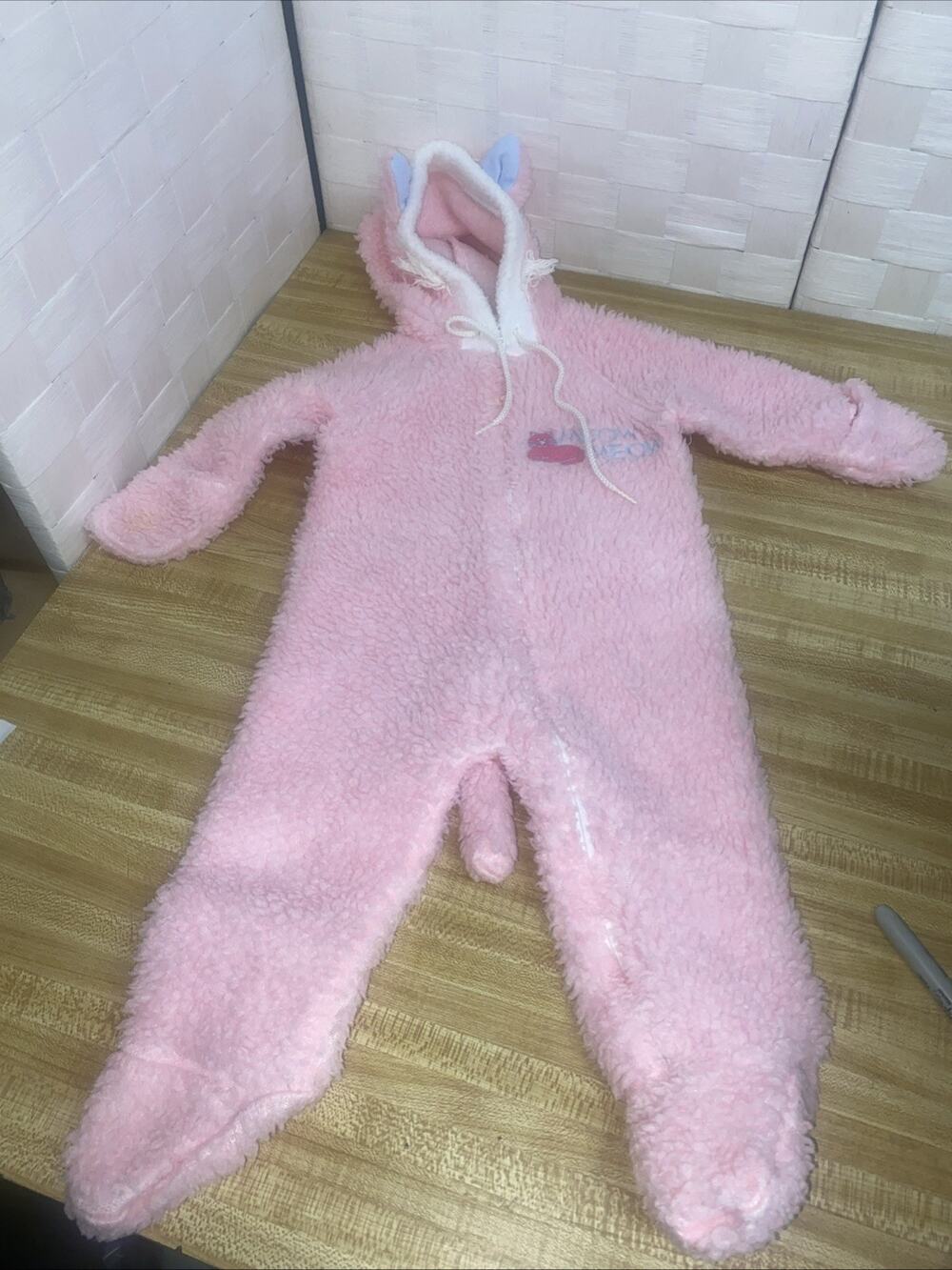 80s Obion Pink Fleece 9-18Mos. One Piece Sleeper Outfit Hooded Cat Meow Meow USA